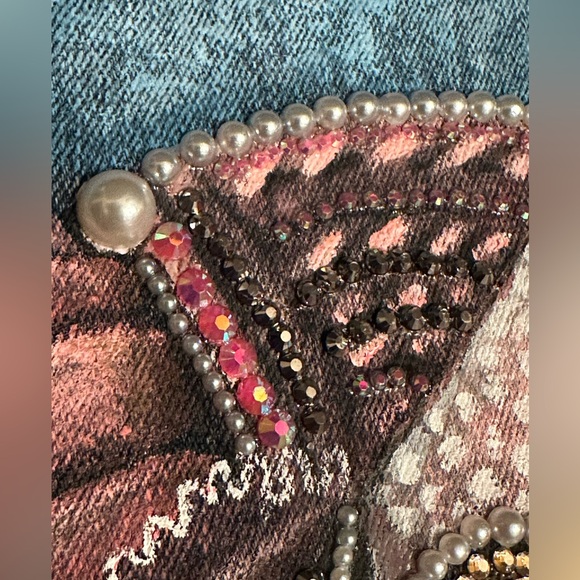 Victorian flamingo handpainted rhinestones cropped denim TGLA Jean jacket sz LG - Picture 13 of 16